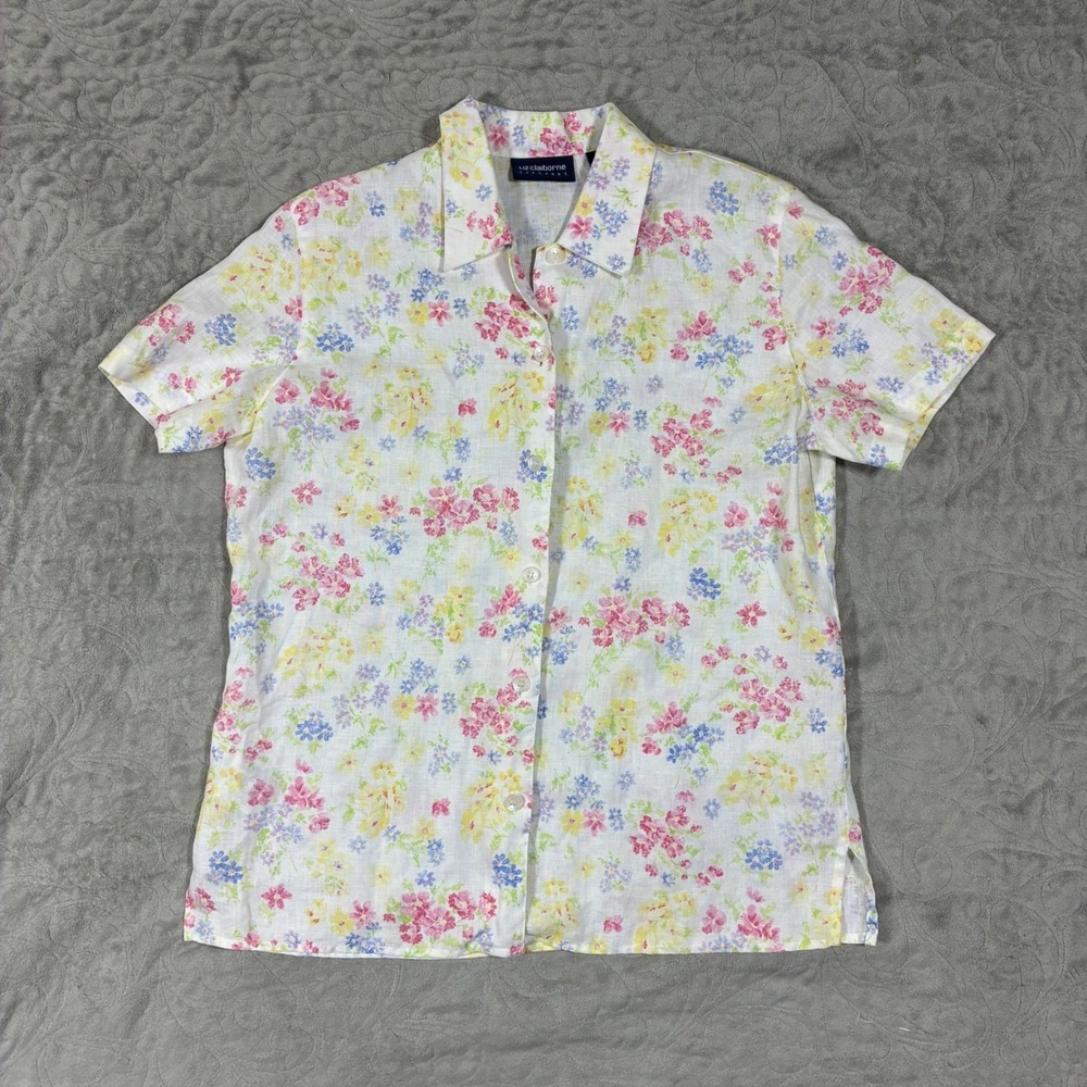 Vintage 90s Butter Mom Linen Button Down Top Size S Pastel Floral Country